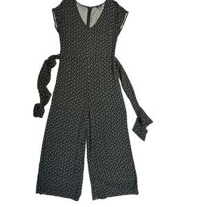 Chaps Wide Leg Crop Belted Drop Shoulder V-Neck Jumpsuit Women 6  Black White